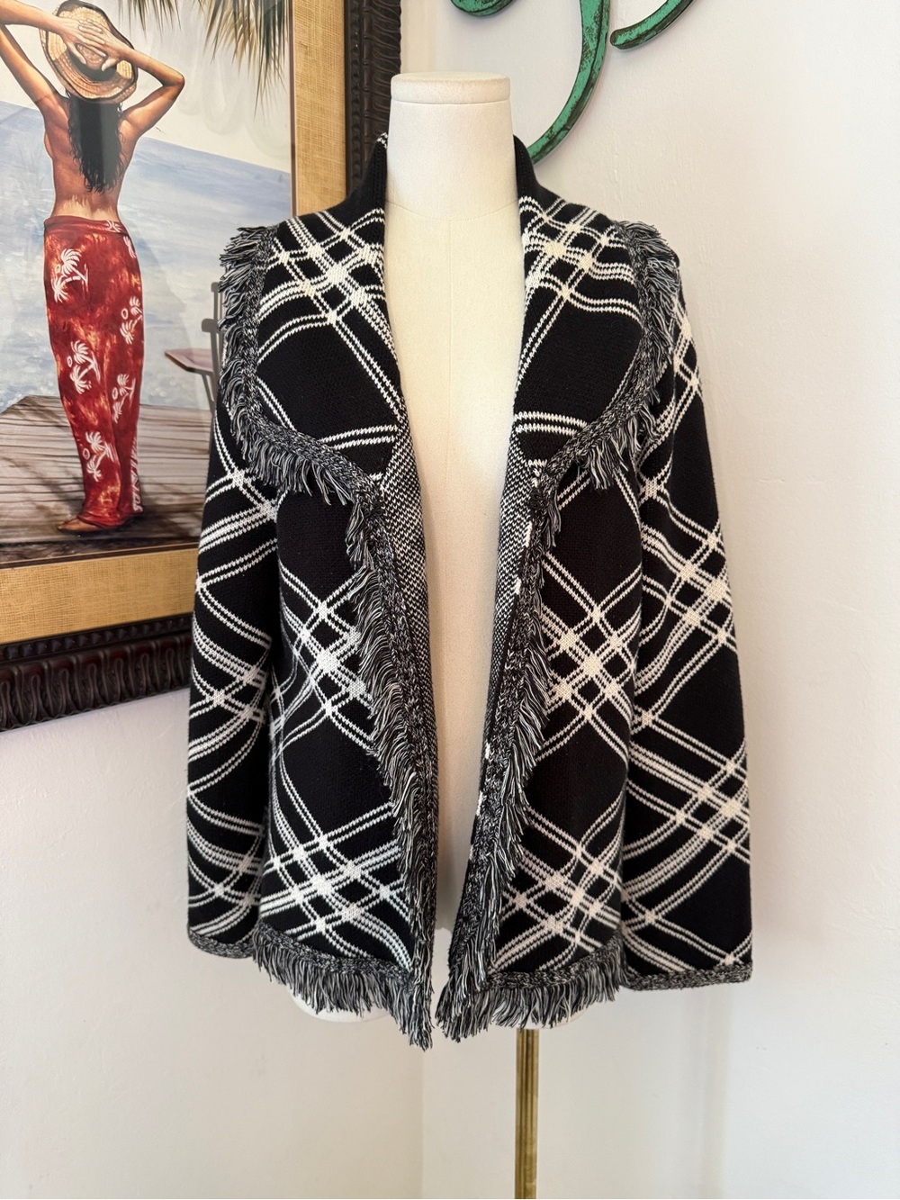 Chico’s Black & White Plaid Fringe Open-Front Sweater